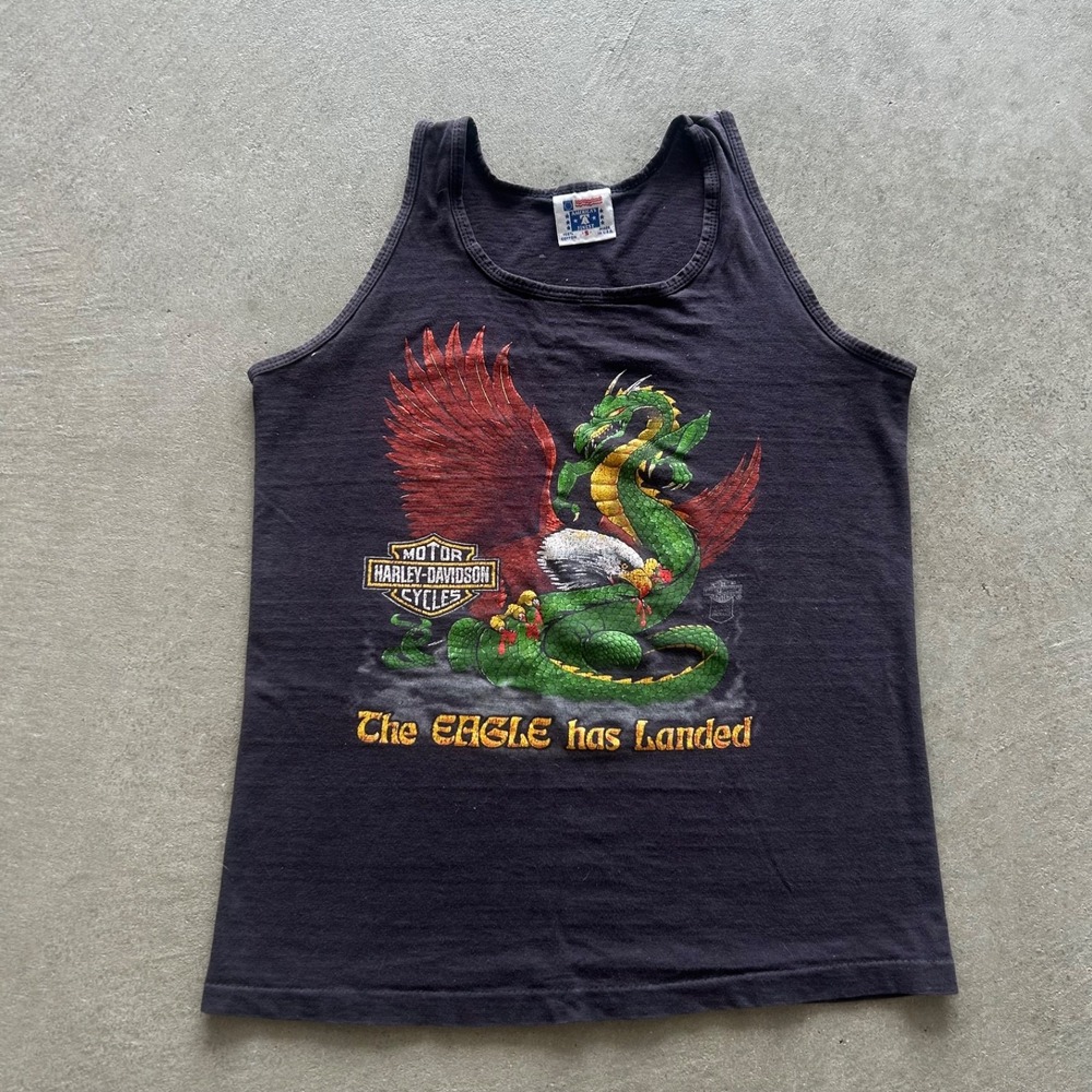 Vintage 80s Harley Davidson Shirt Size Small Black Tank Top The Eagle Has Landed